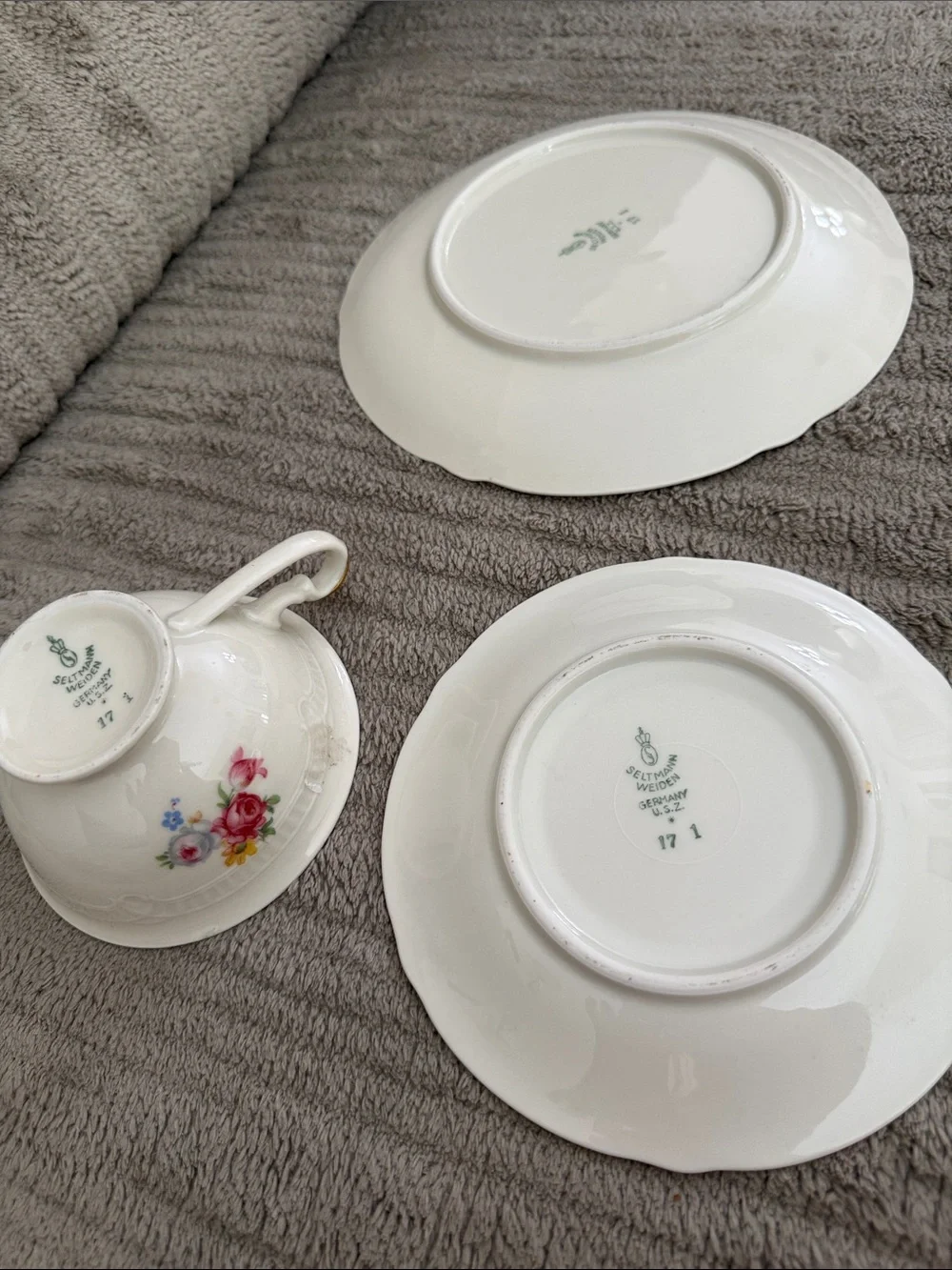 Vintage Seltmann Weiden Germany U.S. Zone Tea Cup Saucer Dessert Plate Trio Gold